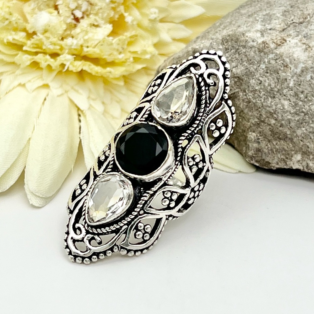 BLACK ONYX/WHITE TOPAZ RING - Picture 8 of 11